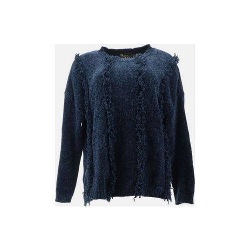 DG2 Diane Gilman Looped Chenille Fringed Pullover Sweater (Navy, M) 728250