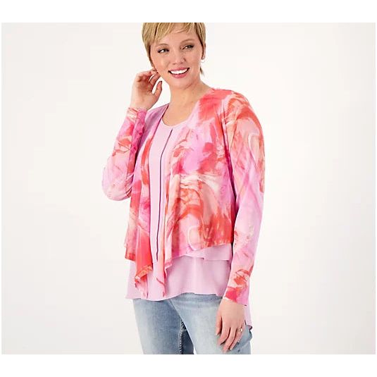 Susan Graver Printed Mesh Long Sleeve Shrug (Pink/Coral, Small) A575903