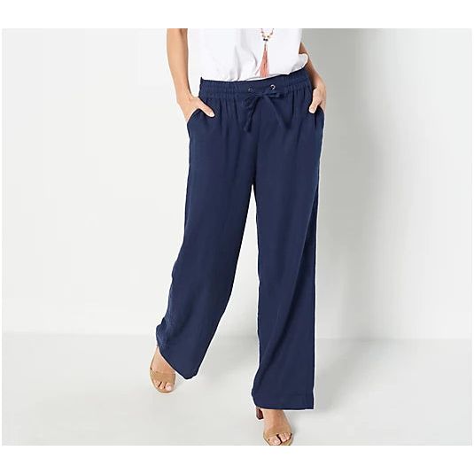 Denim & Co. Naturals Linen Blend Full Length Pants (Navy, XXS) A394821