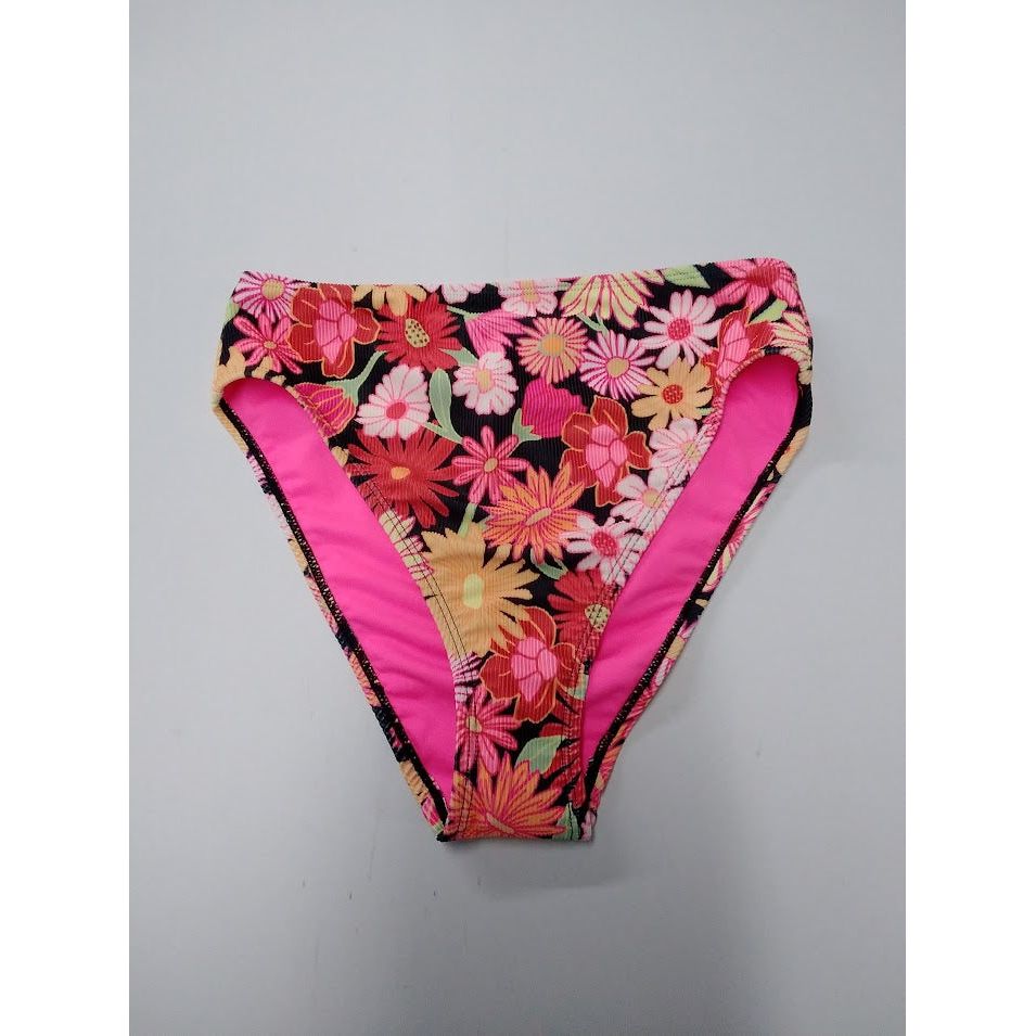 Ribbed High Waist High Leg Cheeky Bikini Bottom-Wild Fable Black Floral Print XS
