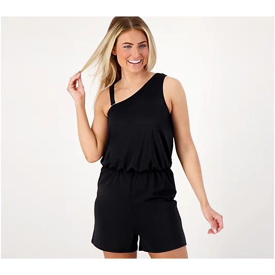 Denim & Co. Beach Swim Romper with Removable Strap (Black, Size 14) A591524