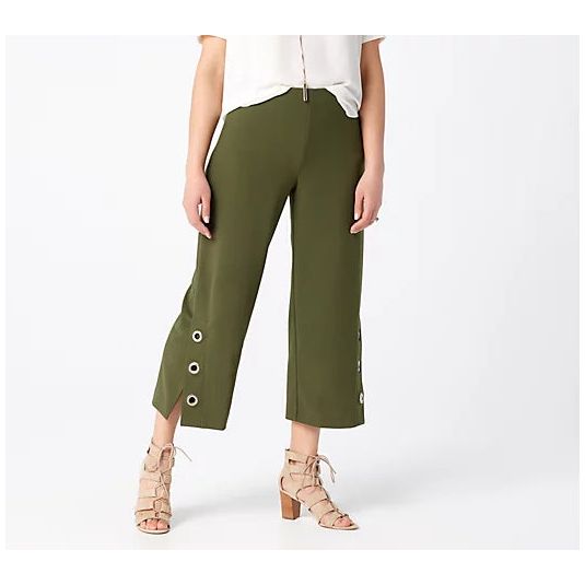 Dennis Basso Luxe Crepe PullOn Crop Pants with Grommets (Olive Green, S) A376941