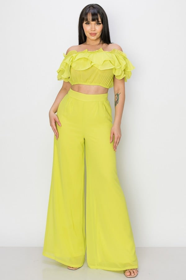 CHIFFON RUFFLED OFF SHLD TOP AND PA  Style