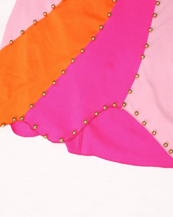 Studded Colorblock Crop Top & Asymmetrical Skirt Set
