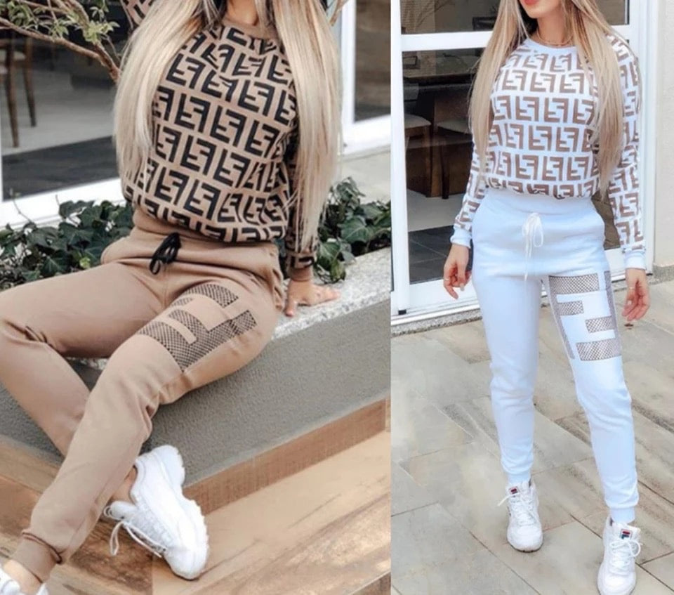 Winter Sport Two Piece Suit Women Tracksuits Print Long Sleeve Pullover Sweatshirts Top+Jogger Sweatpants Winter Matching Sets