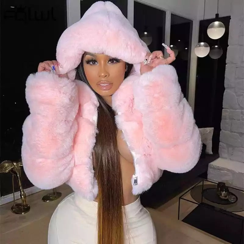 Glam Faux Fur Winter Jacket For Women 2021 Black Long Sleeve Hooded Faux Fur Coat Female Fashion Coats And Jackets Women