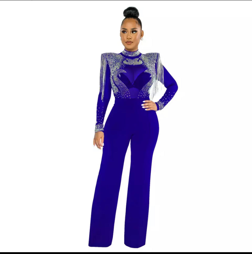 Glam Women Jumpsuit Solid High Collar Hot Drill Mesh Shoulder Cotton Long Sleeves