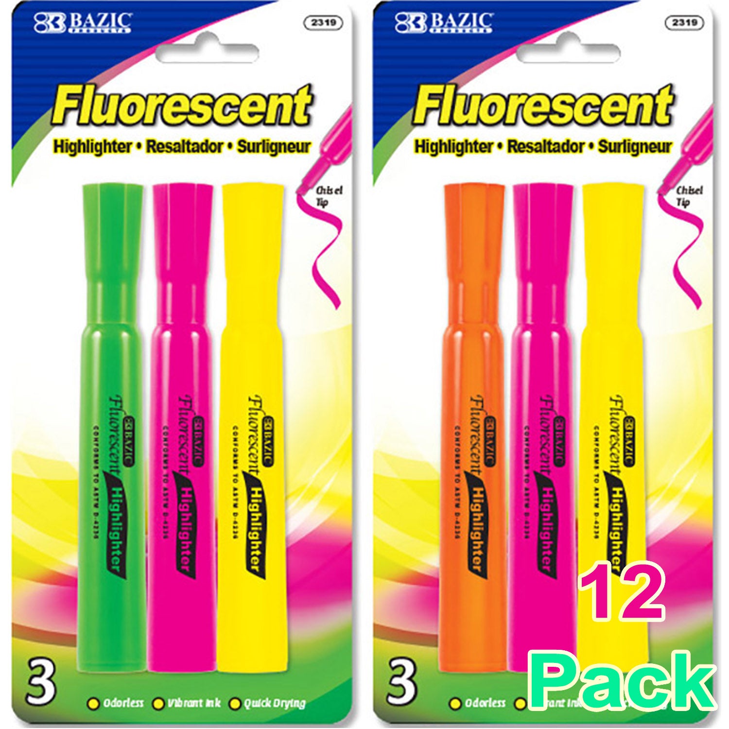 Assorted Colors Desk Style Neon Highlighters, Unscented Quick Dry (3/Pack)