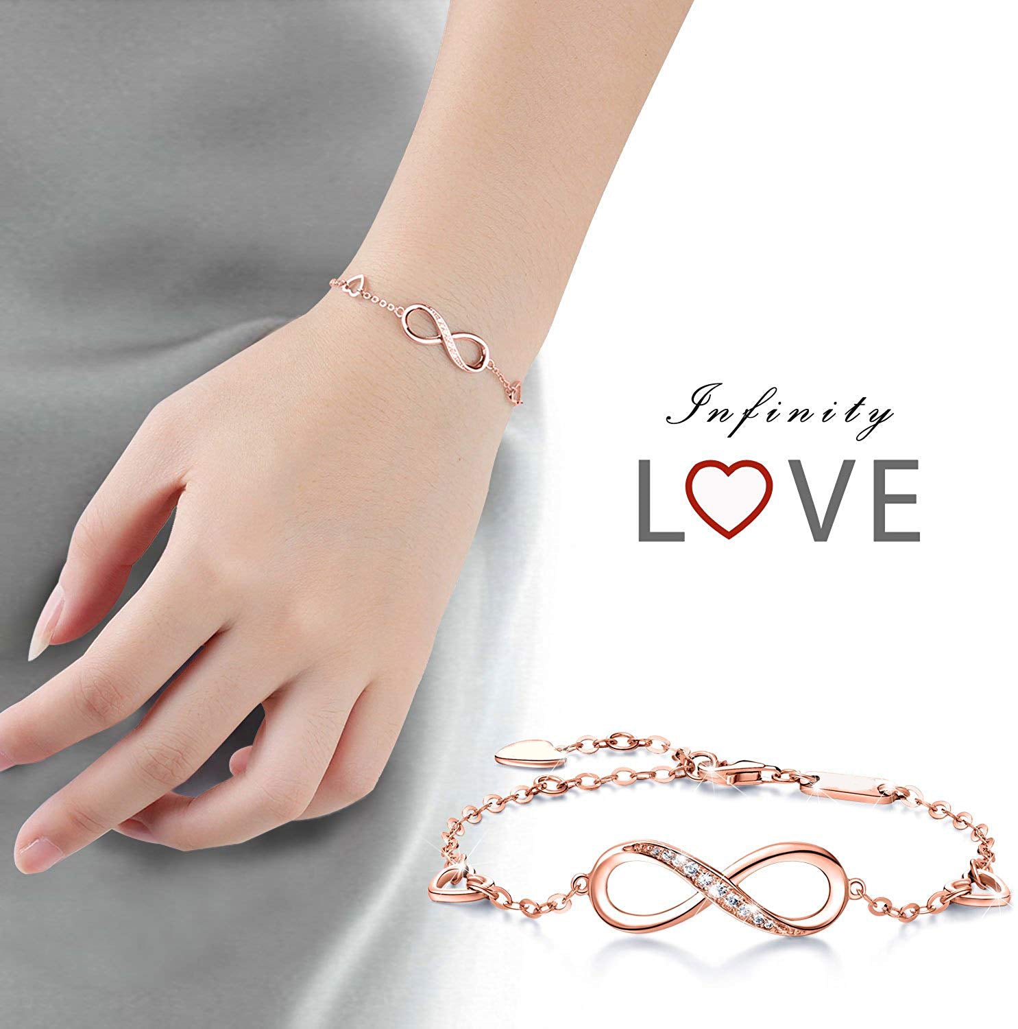 White Swarovski Elements Infinite Pendant Chain Bracelet in 14K Rose Gold Plating