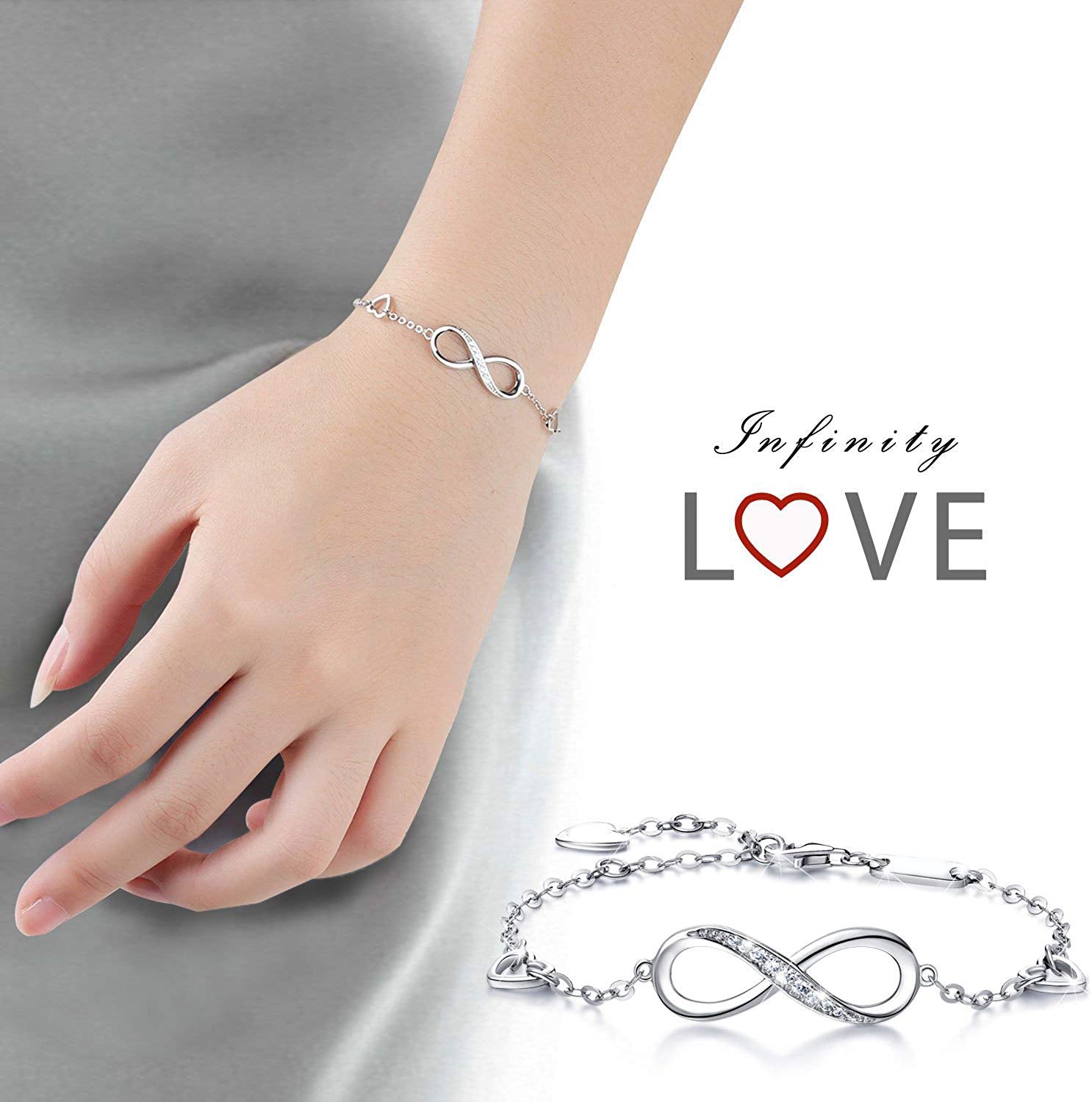 White Swarovski Elements Infinite Pendant Chain Bracelet in 14K White Gold Plating