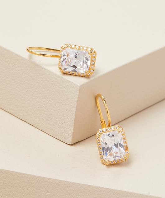 Emerald Cut Swarovski Elements Leverback Earrings in 14K Gold Plating