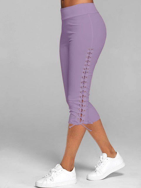 Lace Up Capri Leggings Casual High Waist Women Side Bandage  Colors