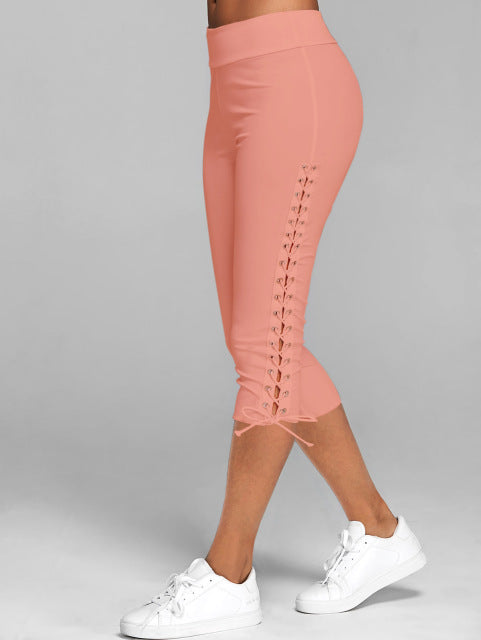 Lace Up Capri Leggings Casual High Waist Women Side Bandage  Colors