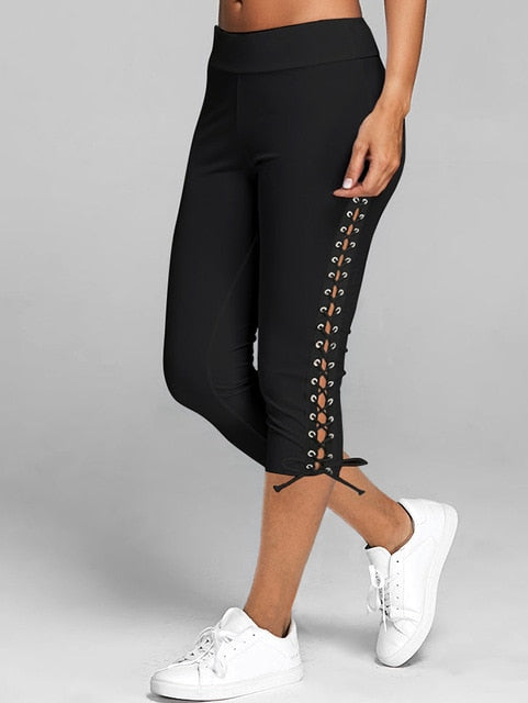 Lace Up Capri Leggings Casual High Waist Women Side Bandage  Colors