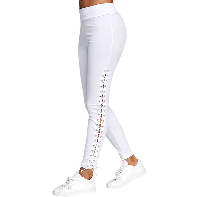 Lace Up Capri Leggings Casual High Waist Women Side Bandage  Colors