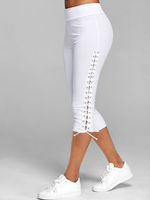 Lace Up Capri Leggings Casual High Waist Women Side Bandage  Colors