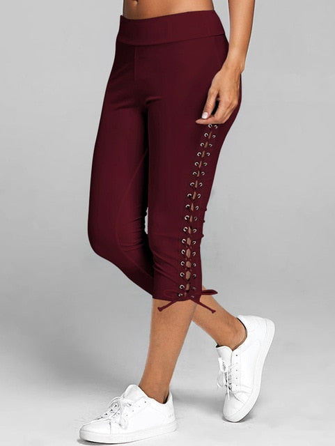 Lace Up Capri Leggings Casual High Waist Women Side Bandage  Colors