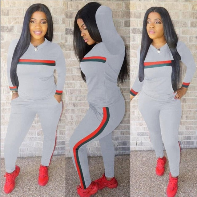 Stripe Tracksuits 2 Set Piece Set Woman Tops Sweatshirt Long Pants Pockets Club Suits Overalls Outfit