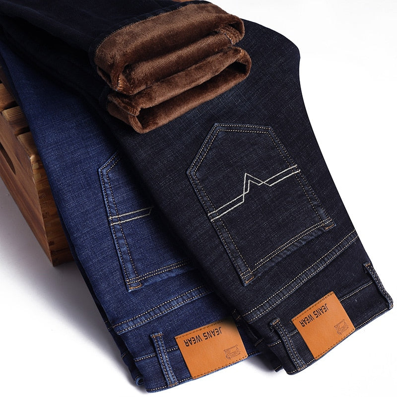 Winter Thermal Warm Flannel Stretch Jeans Mens Winter Quality Famous Brand Fleece