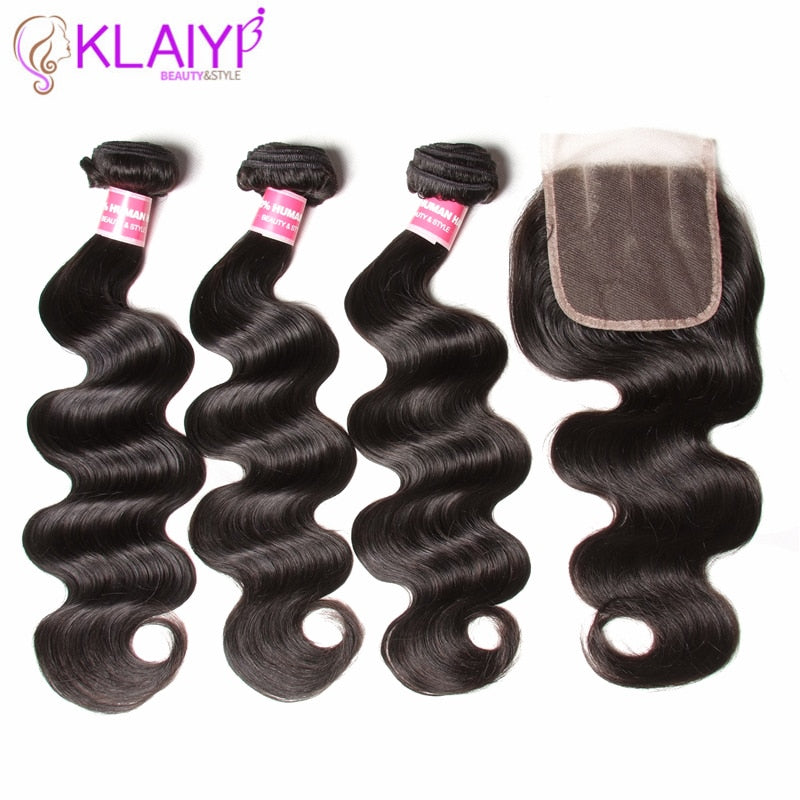 KLAIYI Hair 3 Bundles With Closure Malaysian Hair Body Wave Bundles With Closure Remy Hair Bundles With Closure Human hair