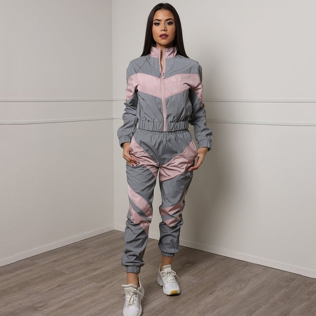 Women Tracksuits 2 Piece Set Reflective Zip Crop Top Pants Windbreaker Fashion Female Loose Glow Jacket Coat Trousers Plus Size