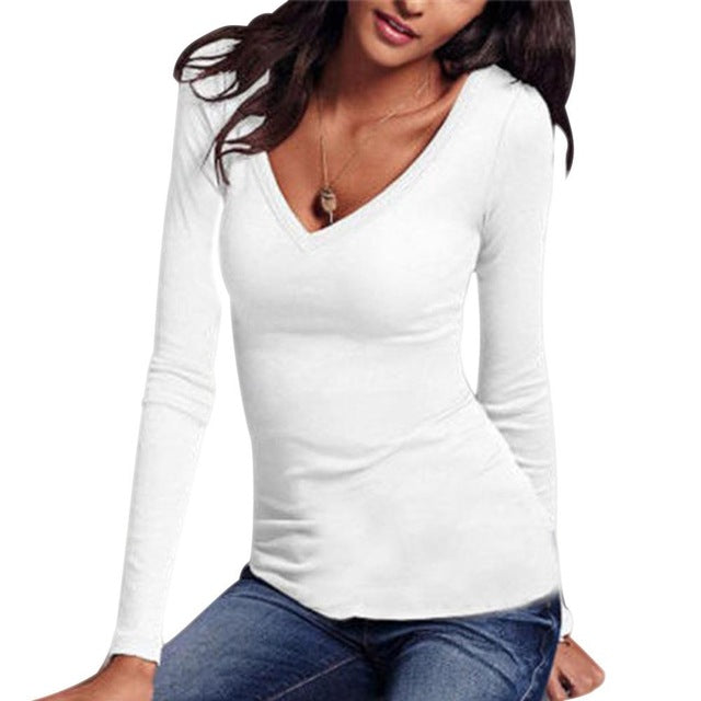 Sexy Women Long Sleeve T-shirt V-neck Slim Fit Warm Autumn Spring Basic T-shirts Tops IK88