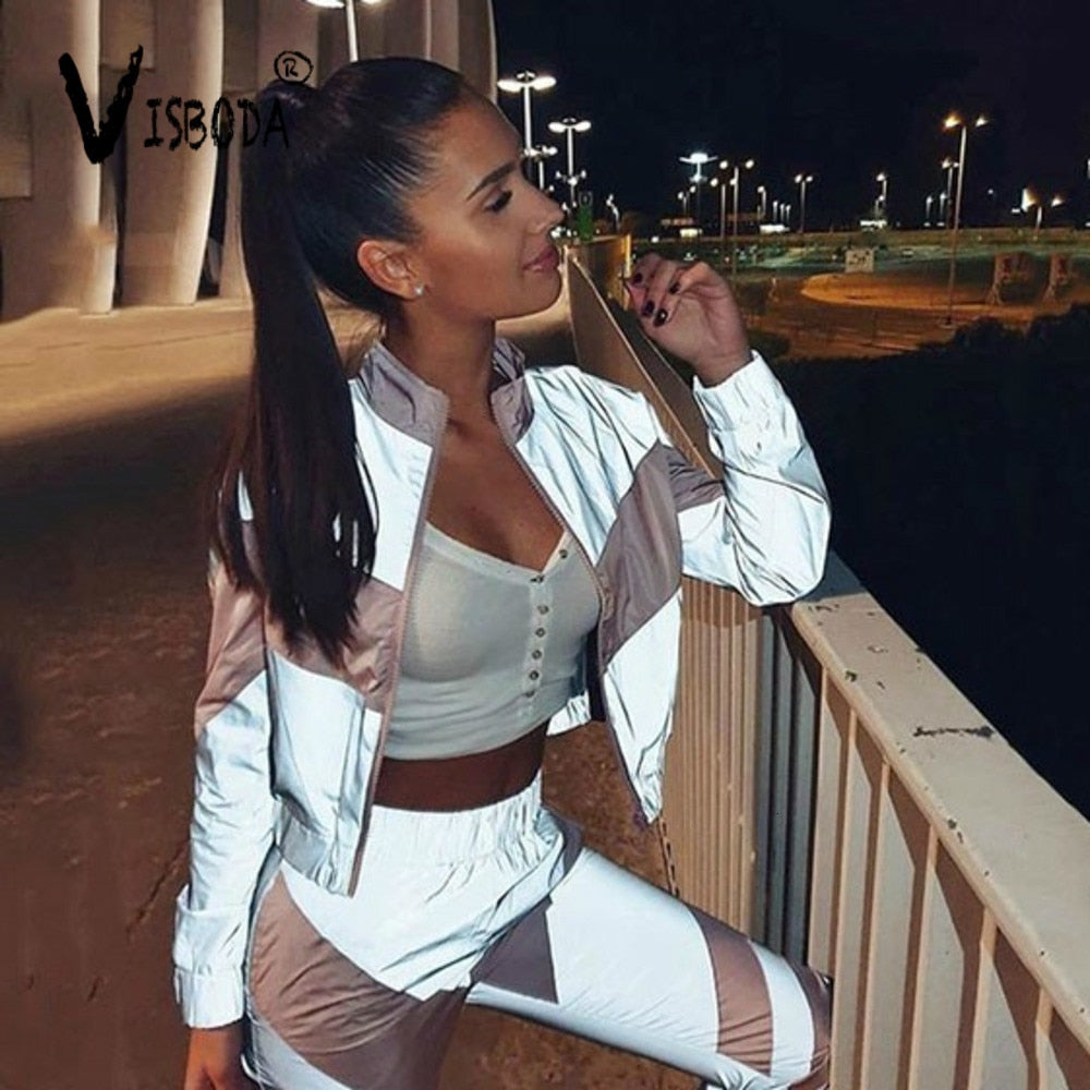 Women Tracksuits 2 Piece Set Reflective Zip Crop Top Pants Windbreaker Fashion Female Loose Glow Jacket Coat Trousers Plus Size