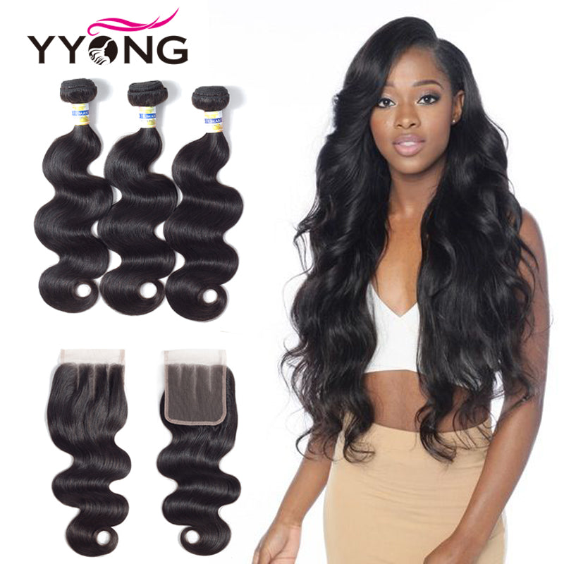 Yyong Hair 3 Bundles Brazilian Body Wave Bundles With Closure 4*4 Lace Closure 4Pcs/Lot Human Hair Weave Bundles With Closure