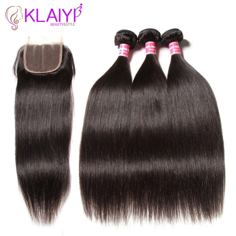 KLAIYI Hair Brazilian Straight Hair Bundles With Closure 100% Human Hair With Closure Remy Hair Weaves With Lace Closure