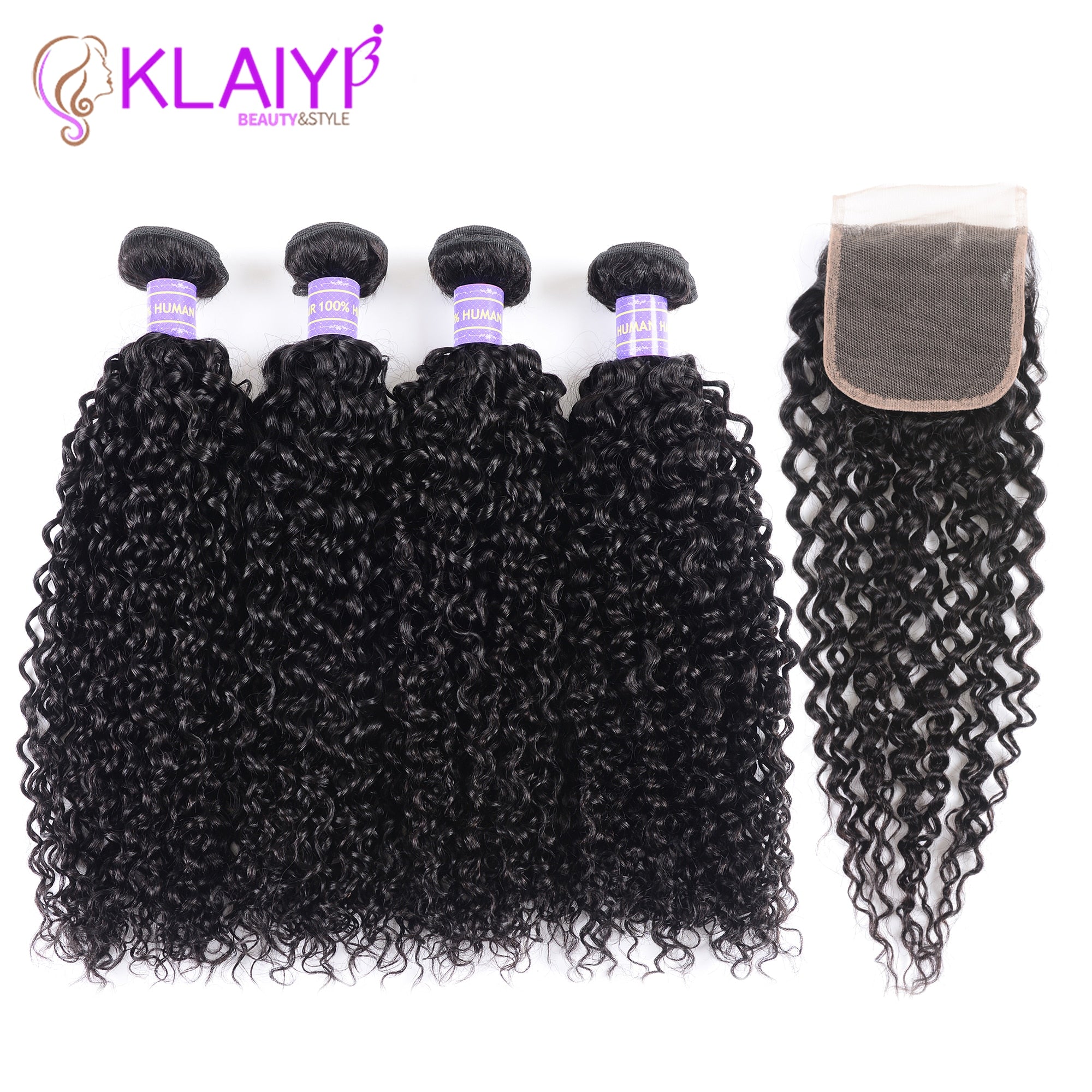 Klaiyi Hair Malaysia Curly Hair Bundles with Closure 4PCS Swiss Lace Closure With 3 Bundles Remy Human Hair Dark Black