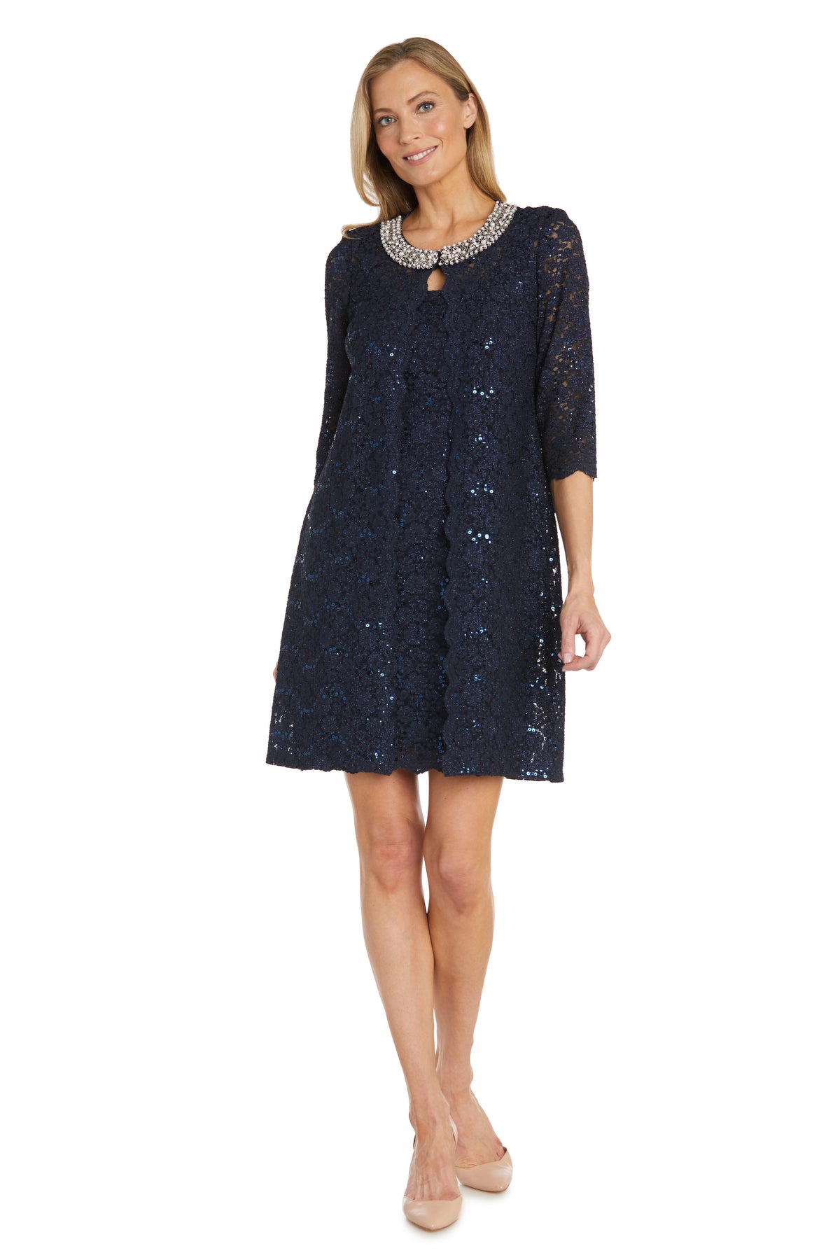 Lace Jacket Dress With Pearl Detail Neckline