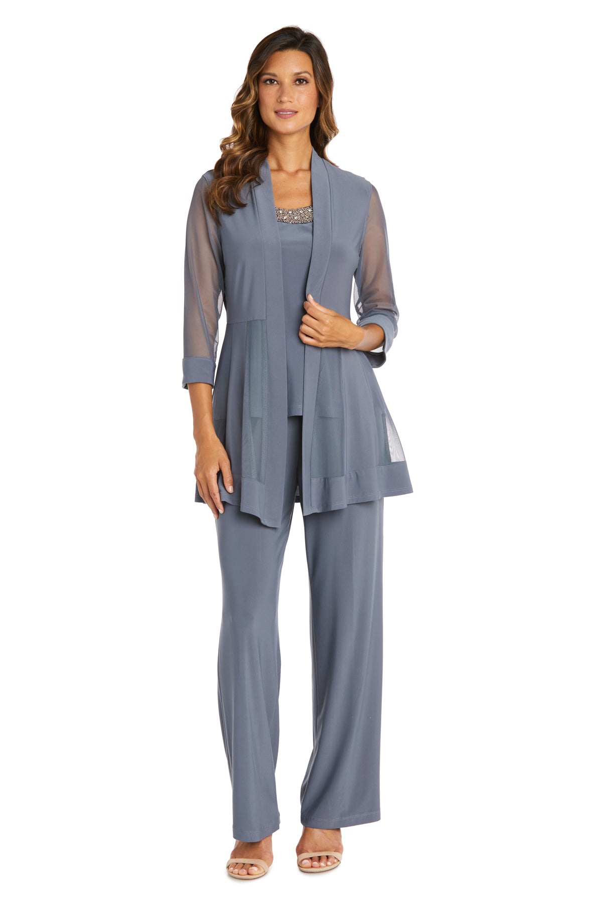 Three Piece Pant Suit with Sheer Inserts, Beading and Diamante - Petite