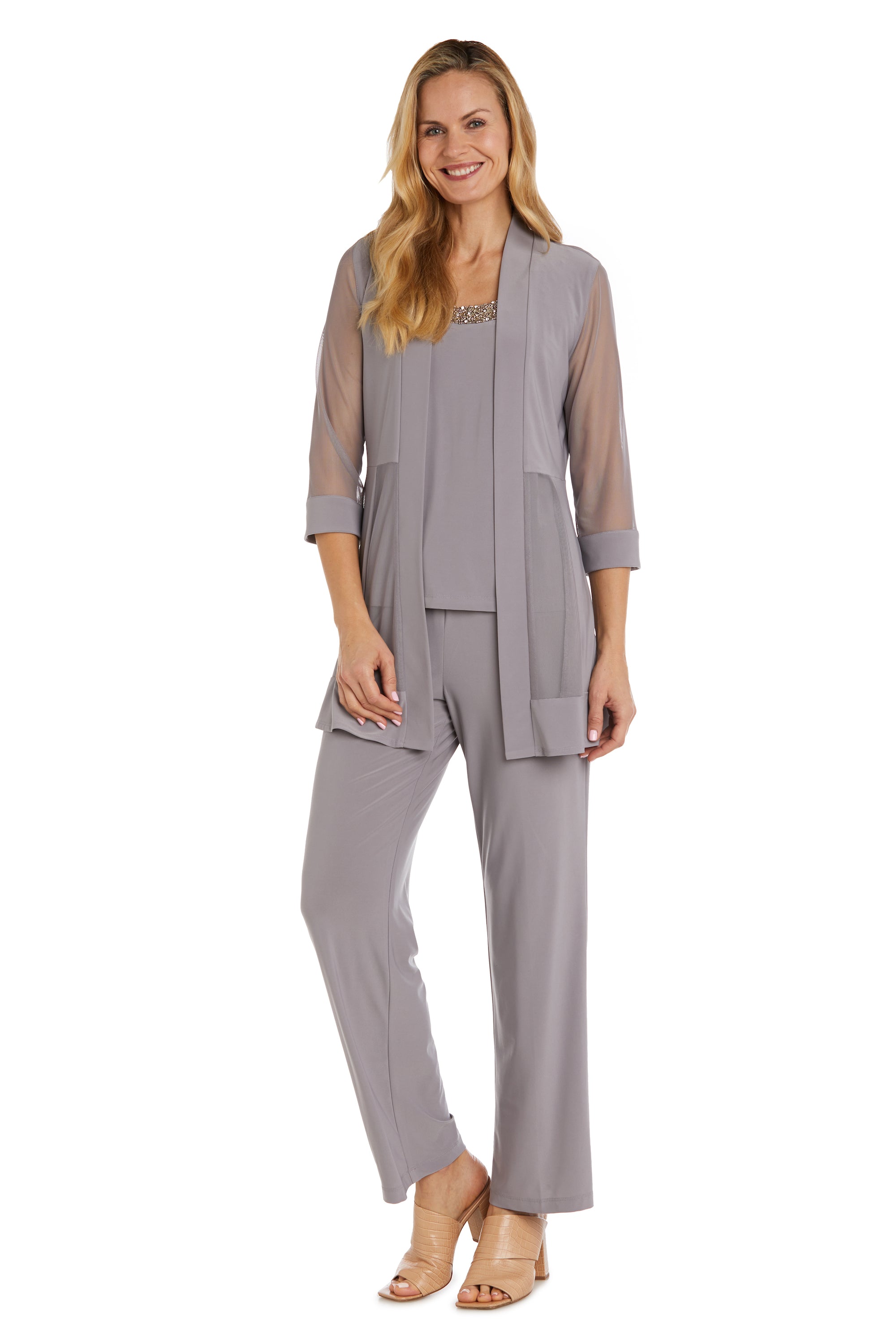 Three Piece Pant Suit with Sheer Inserts, Beading and Diamante - Petite