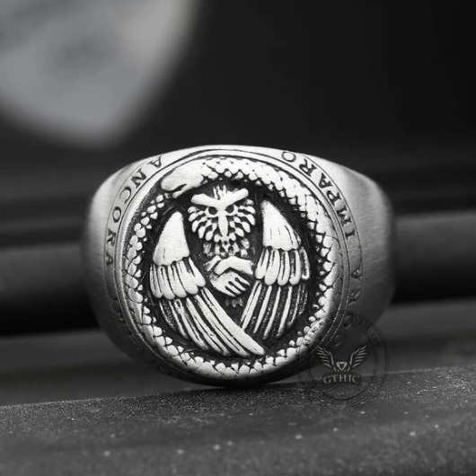 Owl and Ouroboros Stainless Steel Ring - Gthic.com - Blog