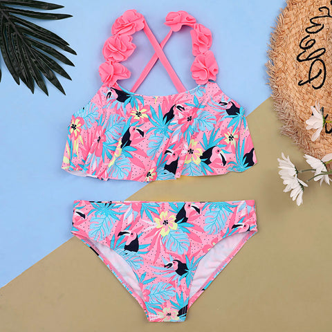 Flower Flounce Girl Swimsuit Kids Tropical Plant&Toucan Girl Bikini Se ...