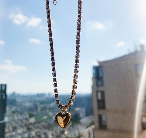 Heart Rhinestone Choker Necklace Ti Steel No Fade