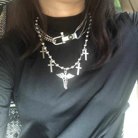 Ball Chain Cross Wing Choker Necklace