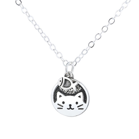 "Cat & Fish" Sterling Silver Retro Necklace