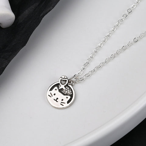 "Cat & Fish" Sterling Silver Retro Necklace