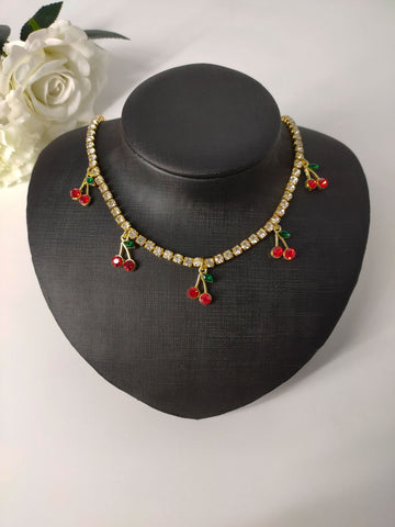 Cute Cherry Rhinestones Bling Necklace