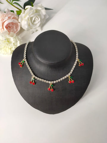 Cute Cherry Rhinestones Bling Necklace