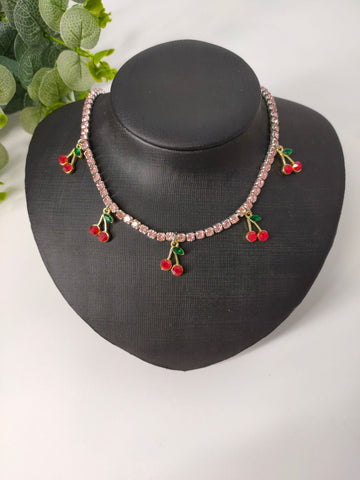 Cute Cherry Rhinestones Bling Necklace