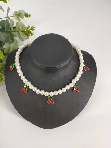 Cute Cherry Rhinestones Bling Necklace