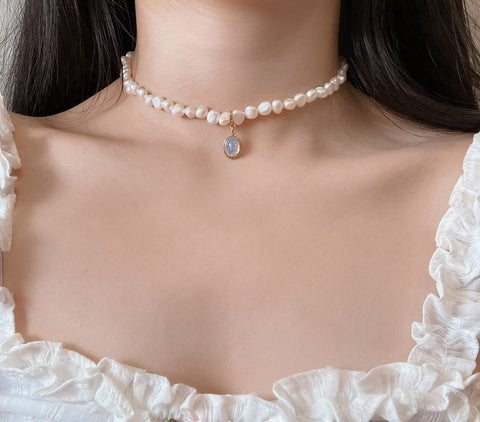 Moonstone Irregular Baroque Pearl Choker Necklace