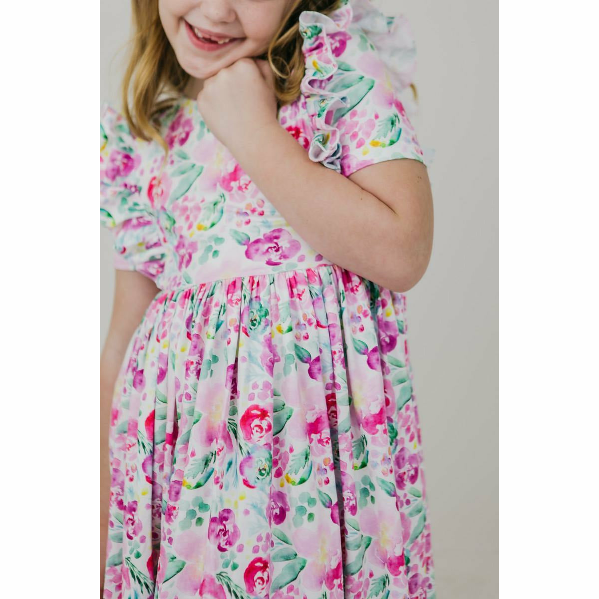 Mila & Rose Short Sleeve Ruffled Twirl Dress - Watercolor Blooms