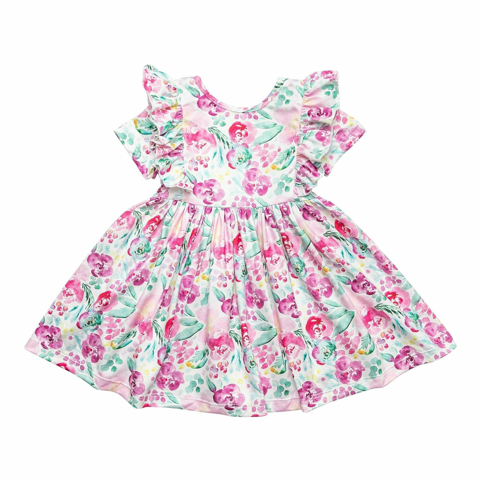 Mila & Rose Short Sleeve Ruffled Twirl Dress - Watercolor Blooms