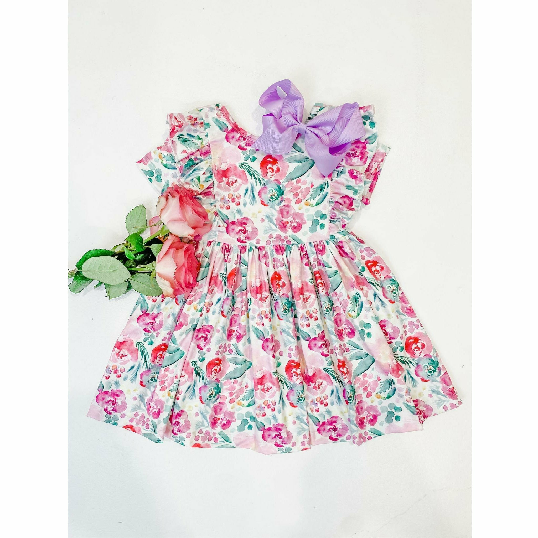 Mila & Rose Short Sleeve Ruffled Twirl Dress - Watercolor Blooms