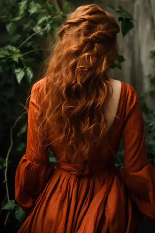 A white woman wearing a burnt orange dress, with long hair half-curled, shot from the back
