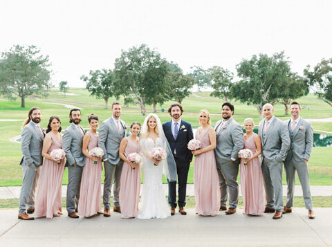 Blush Pink bridesmaid dresses with grey suits