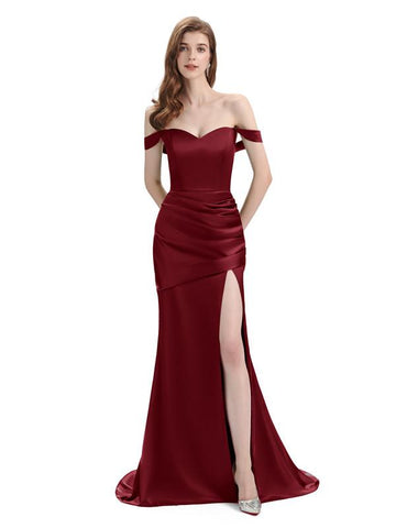 Burgundy Side Slit Off Shoulder Floor-Length Mermaid Bridesmaid Dresses